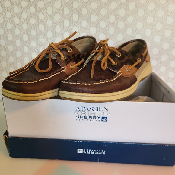 Sperry Top Sider Women's Boat Shoes Size 9 Leather Brown Tan Leopard Print - Picture 1 of 11